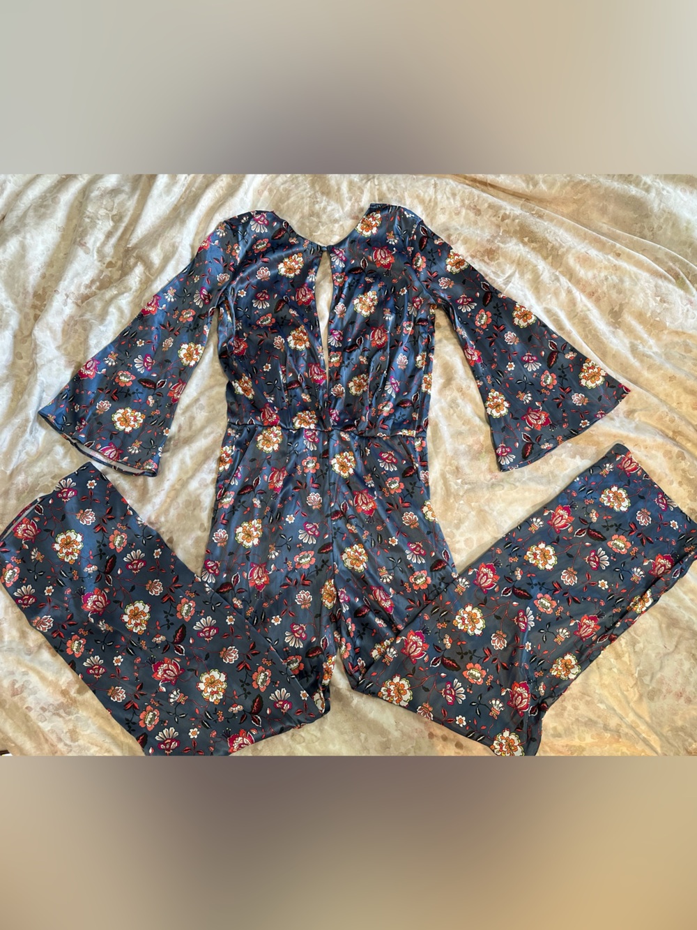 Victoria's Secret Navy Floral Bell-Sleeve Jumpsuit with Red and Cream Flowers
